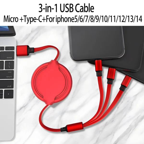 New Retractable 1-to-3 6A super fast charging is suitable for Android TYPE-C Apple braided three-in-one mobile phone data cable - Image 3