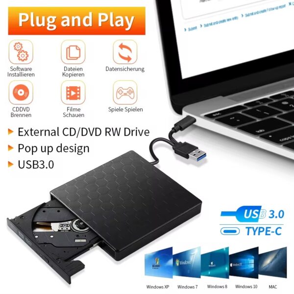 2in1 USB3.0 C Slim External DVD RW CD Writer Drive