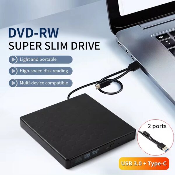 2in1 USB3.0 C Slim External DVD RW CD Writer Drive - Image 2