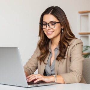 [img: a woman working on a laptop, looking confident and professional]