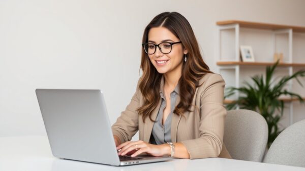 [img: a woman working on a laptop, looking confident and professional]