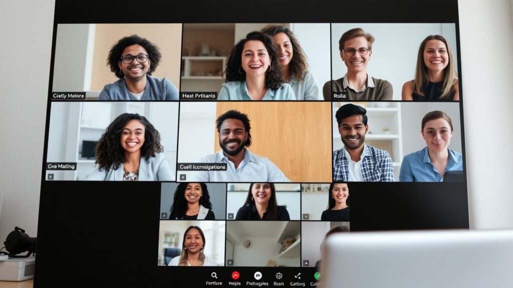 [img: a diverse group of professionals engaged in an online video meeting, smiling and interacting]